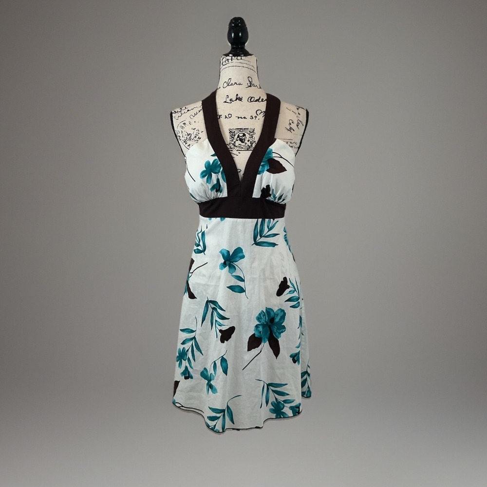 Y2K Spechless Dress Size 13 White‎ Blue Floral Halter Mini Sleeveless Summer
